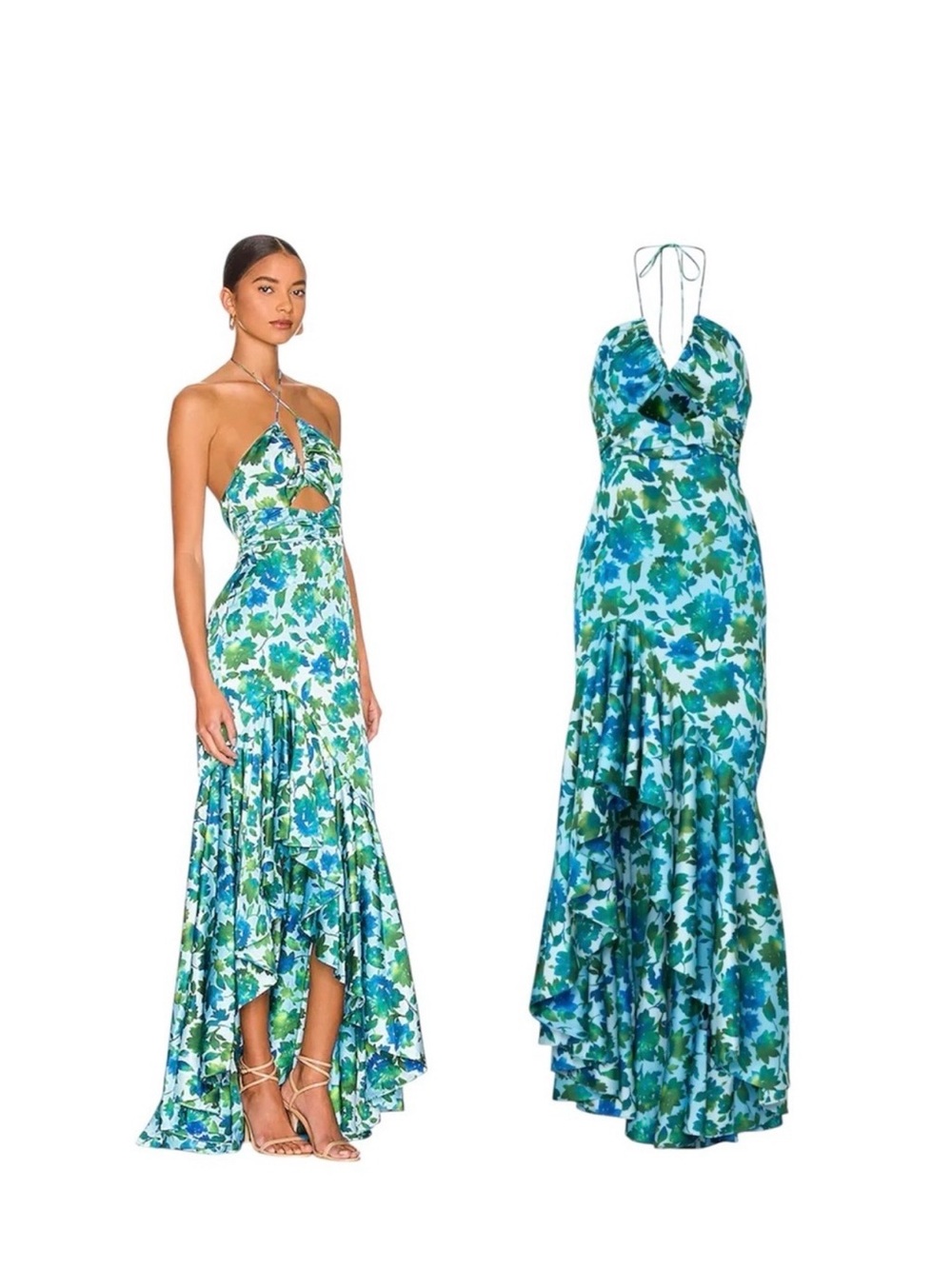 AMUR Blue & Green Floral Halter Maxi Dress